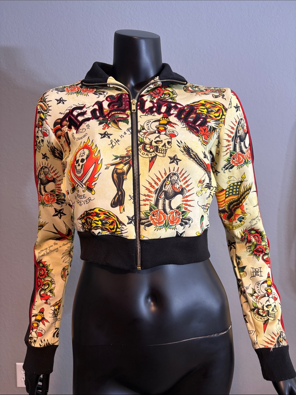 Ed Hardy Cream Tattoo-Print Cropped Bomber Jacket with Black Trim